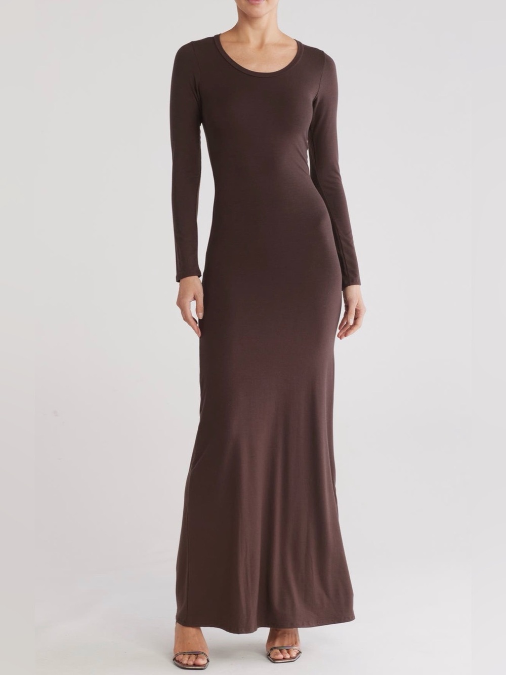 Go Couture $169 Long Sleeve Scoop Neck Maxi Dress - Brown